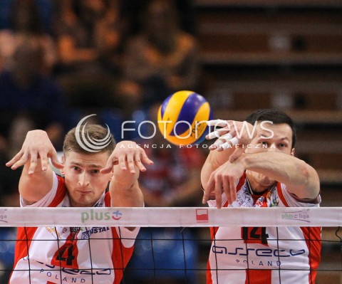  18.10.2014 RZESZOW<br />SIATKOWKA PLUSLIGA 2014/2015 MEN VOLLEYBALL POLAND POLISH PLUS LIGA LEAGUE SEASON 2014/2015<br />MECZ ASSECO RESOVIA - JASTRZEBSKI WEGIEL<br />N/Z PIOTR NOWAKOWSKI RAFAL BUSZEK BLOK<br /> 