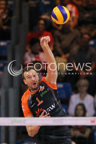  18.10.2014 RZESZOW<br />SIATKOWKA PLUSLIGA 2014/2015 MEN VOLLEYBALL POLAND POLISH PLUS LIGA LEAGUE SEASON 2014/2015<br />MECZ ASSECO RESOVIA - JASTRZEBSKI WEGIEL<br />N/Z MICHAL LASKO SYLWETKA ATAK<br /> 