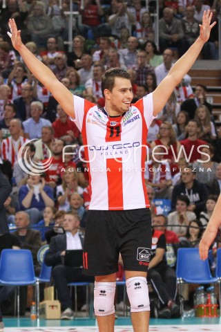  18.10.2014 RZESZOW<br />SIATKOWKA PLUSLIGA 2014/2015 MEN VOLLEYBALL POLAND POLISH PLUS LIGA LEAGUE SEASON 2014/2015<br />MECZ ASSECO RESOVIA - JASTRZEBSKI WEGIEL<br />N/Z FABIAN DRZYZGA RADOSC EMOCJE SYLWETKA <br /> 