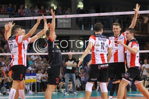  18.10.2014 RZESZOW<br />SIATKOWKA PLUSLIGA 2014/2015 MEN VOLLEYBALL POLAND POLISH PLUS LIGA LEAGUE SEASON 2014/2015<br />MECZ ASSECO RESOVIA - JASTRZEBSKI WEGIEL<br />N/Z MICHAL ZUREK RUSSELL HOLMES DAWID KONARSKI RADOSC EMOCJE <br /> 