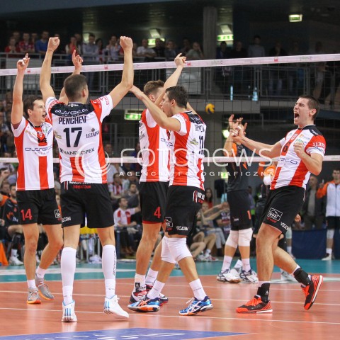  18.10.2014 RZESZOW<br />SIATKOWKA PLUSLIGA 2014/2015 MEN VOLLEYBALL POLAND POLISH PLUS LIGA LEAGUE SEASON 2014/2015<br />MECZ ASSECO RESOVIA - JASTRZEBSKI WEGIEL<br />N/Z DAWID KONARSKI RAFAL BUSZEK RADOSC EMOCJE <br /> 
