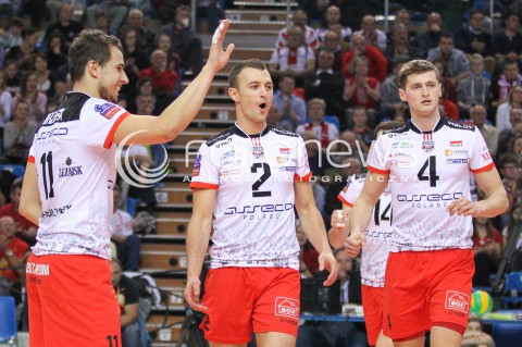  04.11.2014 RZESZOW POLAND<br />SIATKOWKA LIGA MISTRZOW MEN CEV VOLLEYBALL CHAMPIONS LEAGUE 2014/2015 <br />MATCH ASSECO RESOVIA - BUDVANSKA RIVIJERA BUDVA <br />N/Z PAUL LOTMAN PIOTR NOWAKOWSKI FABIAN DRZYZGA RADOSC EMOCJE <br /> 
