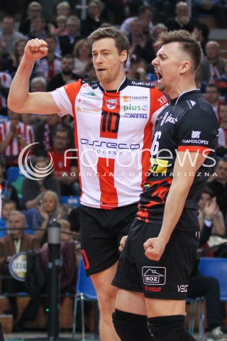  15.11.2014 RZESZOW <br />SIATKOWKA PLUS LIGA 2014/2015 MEN VOLLEYBALL POLAND POLISH PLUSLIGA LEAGUE SEASON 2014/2015 <br />MECZ ASSECO RESOVIA RZESZOW - TRANSFER BYDGOSZCZ<br />N/Z KRZYSZTOF IGNACZAK JOCHEN SCHOPS RADOSC EMOCJE <br /> 