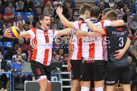  26.11.2014 RZESZOW <br />SIATKOWKA PLUS LIGA 2014/2015 MEN VOLLEYBALL POLAND POLISH PLUSLIGA LEAGUE SEASON 2014/2015 <br />MECZ ASSECO RESOVIA RZESZOW - AZS CZESTOCHOWA<br />N/Z DAWID KONARSKI RADOSC EMOCJE <br /> 