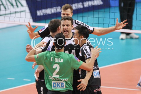  04.12.2014 RZESZOW POLAND <br />SIATKOWKA LIGA MISTRZOW MEN CEV VOLLEYBALL CHAMPIONS LEAGUE 2013 <br />MATCH ASSECO RESOVIA -  BERLIN RECYCLING VOLLEYS<br />N/Z ERIK SHOJI RADOSC EMOCJE TOMAS KMET <br /> 