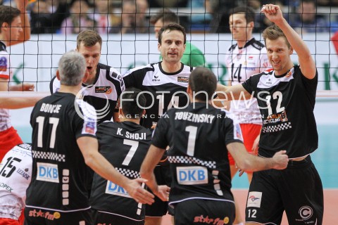  04.12.2014 RZESZOW POLAND <br />SIATKOWKA LIGA MISTRZOW MEN CEV VOLLEYBALL CHAMPIONS LEAGUE 2013 <br />MATCH ASSECO RESOVIA -  BERLIN RECYCLING VOLLEYS<br />N/Z PAUL CARROLL TOMAS KMET RADOSC EMOCJE <br /> 