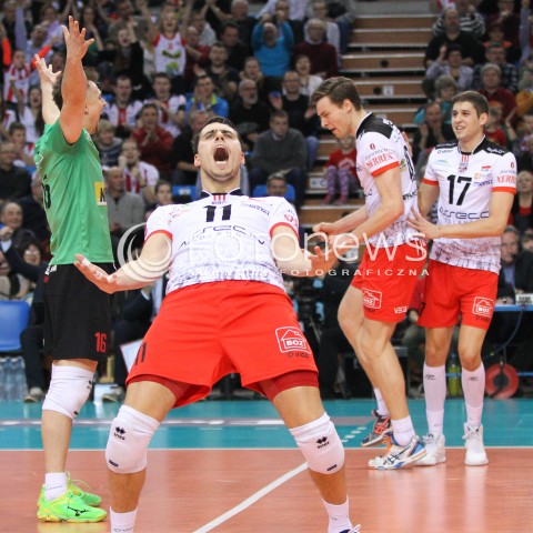  04.12.2014 RZESZOW POLAND <br />SIATKOWKA LIGA MISTRZOW MEN CEV VOLLEYBALL CHAMPIONS LEAGUE 2013 <br />MATCH ASSECO RESOVIA -  BERLIN RECYCLING VOLLEYS<br />N/Z FABIAN DRZYZGA RADOSC EMOCJE SYLWETKA JOCHEN SCHOPS NIKOLAY PENCZEV ( PENCHEV ) KRZYSZTOF IGNACZAK <br /> 