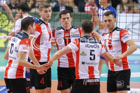  04.01.2015 RZESZOW <br />SIATKOWKA PLUS LIGA 2014/2015 MEN VOLLEYBALL POLAND POLISH PLUSLIGA LEAGUE SEASON 2014/2015 <br />MECZ ASSECO RESOVIA RZESZOW - ZAKSA KEDZIERZYN KOZLE<br />N/Z RAFAL BUSZEK PAUL LOTMAN PIOTR NOWAKOWSKI RADOSC EMOCJE <br /> 