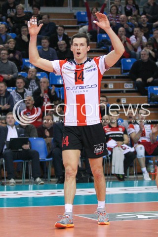  07.01.2015 RZESZOW <br />SIATKOWKA PUCHAR POLSKI SEZON 2014/2015 MEN VOLLEYBALL POLAND POLISH CUP SEASON 2014/2015  <br />MECZ ASSECO RESOVIA RZESZOW - AZS POLITECHNIKA WARSZAWSKA<br />N/Z RAFAL BUSZEK RADOSC EMOCJE SYLWETKA <br /> 