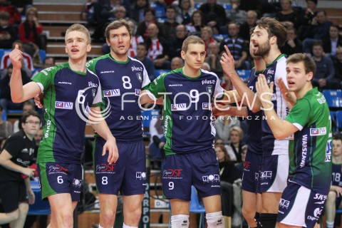  07.01.2015 RZESZOW <br />SIATKOWKA PUCHAR POLSKI SEZON 2014/2015 MEN VOLLEYBALL POLAND POLISH CUP SEASON 2014/2015  <br />MECZ ASSECO RESOVIA RZESZOW - AZS POLITECHNIKA WARSZAWSKA<br />N/Z DOMINIK DEPOWSKI WALDEMAR SWIRYDOWICZ KRZYSZTOF BIENKOWSKI PATRYK STRZEZEK RADOSC EMOCJE <br /> 