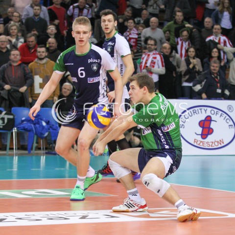  07.01.2015 RZESZOW <br />SIATKOWKA PUCHAR POLSKI SEZON 2014/2015 MEN VOLLEYBALL POLAND POLISH CUP SEASON 2014/2015  <br />MECZ ASSECO RESOVIA RZESZOW - AZS POLITECHNIKA WARSZAWSKA<br />N/Z DOMINIK DEPOWSKI PATRYK STRZEZEK <br /> 