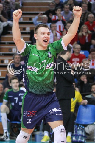  17.01.2015 RZESZOW<br />SIATKOWKA PLUSLIGA 2014/2015 MEN VOLLEYBALL POLAND POLISH PLUS LIGA LEAGUE SEASON 2014/2015<br />MECZ ASSECO RESOVIA - AZS POLITECHNIKA WARSZAWSKA<br />N/Z MACIEJ OLENDEREK SYLWETKA RADOSC EMOCJE <br /> 