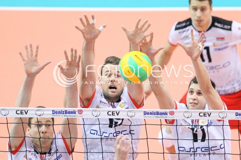  21.01.2015 RZESZOW POLAND<br />SIATKOWKA LIGA MISTRZOW MEN CEV VOLLEYBALL CHAMPIONS LEAGUE 2014/2015 <br />MATCH ASSECO RESOVIA - ACH VOLLEY LUBLANA<br />N/Z JOCHEN SCHOPS RUSSELL HOLMES NIKOLAY PENCZEV ( PENCHEV ) BLOK<br /> 
