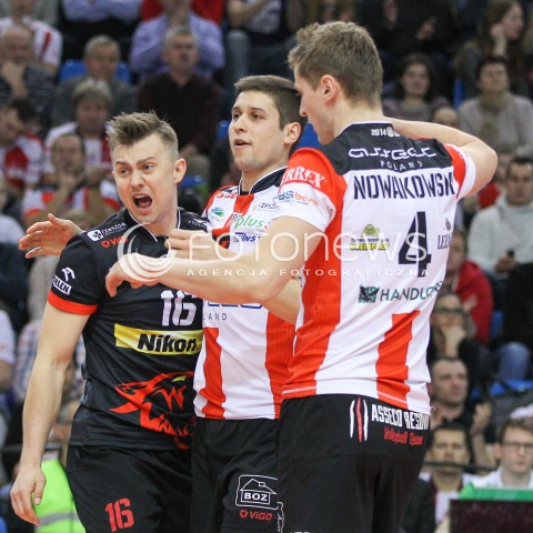  24.01.2015 RZESZOW<br />SIATKOWKA PLUSLIGA 2014/2015 MEN VOLLEYBALL POLAND POLISH PLUS LIGA LEAGUE SEASON 2014/2015<br />MECZ ASSECO RESOVIA - CERRAD CZARNI RADOM<br />N/Z KRZYSZTOF IGNACZAK NIKOLAY PENCZEV ( PENCHEV ) PIOTR NOWAKOWSKI RADOSC EMOCJE <br /> 