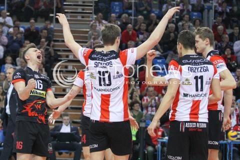  24.01.2015 RZESZOW<br />SIATKOWKA PLUSLIGA 2014/2015 MEN VOLLEYBALL POLAND POLISH PLUS LIGA LEAGUE SEASON 2014/2015<br />MECZ ASSECO RESOVIA - CERRAD CZARNI RADOM<br />N/Z KRZYSZTOF IGNACZAK RADOSC EMOCJE JOCHEN SCHOPS <br /> 