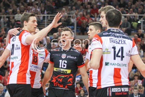  07.02.2015 RZESZOW <br />SIATKOWKA PLUS LIGA 2014/2015 MEN VOLLEYBALL POLAND POLISH PLUSLIGA LEAGUE SEASON 2014/2015<br />MECZ ASSECO RESOVIA RZESZOW - LOTOS TREFL GDANSK<br />N/Z KRZYSZTOF IGNACZAK JOCHEN SCHOPS RADOSC EMOCJE <br /> 