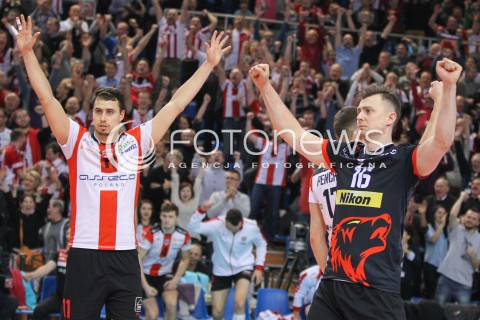  07.02.2015 RZESZOW <br />SIATKOWKA PLUS LIGA 2014/2015 MEN VOLLEYBALL POLAND POLISH PLUSLIGA LEAGUE SEASON 2014/2015<br />MECZ ASSECO RESOVIA RZESZOW - LOTOS TREFL GDANSK<br />N/Z FABIAN DRZYZGA KRZYSZTOF IGNACZAK RADOSC EMOCJE <br /> 
