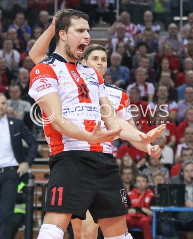  21.02.2015 RZESZOW<br />SIATKOWKA PLUSLIGA 2014/2015 MEN VOLLEYBALL POLAND POLISH PLUS LIGA LEAGUE SEASON 2014/2015<br />MECZ ASSECO RESOVIA - PGE SKRA BELCHATOW<br />N/Z FABIAN DRZYZGA RADOSC EMOCJE SYLWETKA <br /> 