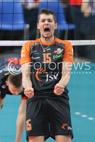  08.03.2015 RZESZOW<br />SIATKOWKA PLUSLIGA 2014/2015 MEN VOLLEYBALL POLAND POLISH PLUS LIGA LEAGUE SEASON 2014/2015<br />MECZ ASSECO RESOVIA - JASTRZEBSKI WEGIEL<br />N/Z DMYTRO FILIPPOV RADOSC EMOCJE SYLWETKA <br /> 