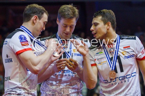  29.03.2015 BERLIN GERMANY<br />SIATKOWKA LIGA MISTRZOW MEN CEV VOLLEYBALL CHAMPIONS LEAGUE FINAL FOUR 2014/2015 - FINAL<br />MATCH ASSECO RESOVIA - ZENIT KAZAN<br />N/Z JOCHEN SCHOPS FABIAN DRZYZGA MARKO IVOVIC MEDALE ZA 2 MIEJSCE RADOSC<br /> 