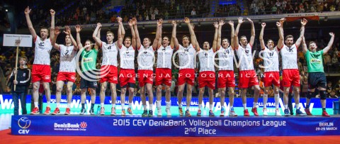  29.03.2015 BERLIN GERMANY<br />SIATKOWKA LIGA MISTRZOW MEN CEV VOLLEYBALL CHAMPIONS LEAGUE FINAL FOUR 2014/2015 - FINAL<br />MATCH ASSECO RESOVIA - ZENIT KAZAN<br />N/Z SIATKARZE ASSECO RESOVII ZDJECIE GRUPOWE GRUPOWKA - II MIEJSCE ( SREBRNY MEDAL ) - RADOSC EMOCJE MEDALE DEKORACJA<br /> 