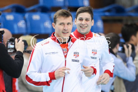  15.04.2015 RZESZOW<br />SIATKOWKA PLUSLIGA 2014/2015 MEN VOLLEYBALL POLAND POLISH PLUS LIGA LEAGUE SEASON 2014/2015 - FINAL 1. MECZ<br />MECZ ASSECO RESOVIA - LOTOS TREFL GDANSK<br />N/Z LUKAS TICHACEK NIKOLAY PENCZEV ( PENCHEV ) RADOSC EMOCJE <br /> 