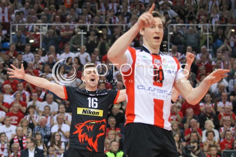  15.04.2015 RZESZOW<br />SIATKOWKA PLUSLIGA 2014/2015 MEN VOLLEYBALL POLAND POLISH PLUS LIGA LEAGUE SEASON 2014/2015 - FINAL 1. MECZ<br />MECZ ASSECO RESOVIA - LOTOS TREFL GDANSK<br />N/Z KRZYSZTOF IGNACZAK JOCHEN SCHOPS RADOSC EMOCJE <br /> 