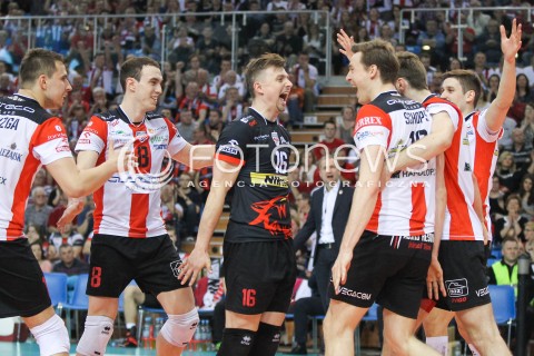  15.04.2015 RZESZOW<br />SIATKOWKA PLUSLIGA 2014/2015 MEN VOLLEYBALL POLAND POLISH PLUS LIGA LEAGUE SEASON 2014/2015 - FINAL 1. MECZ<br />MECZ ASSECO RESOVIA - LOTOS TREFL GDANSK<br />N/Z KRZYSZTOF IGNACZAK MARKO IVOVIC JOCHEN SCHOPS RADOSC EMOCJE <br /> 