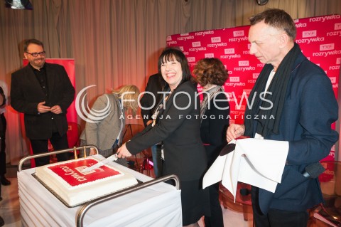  15.04.2015 WARSZAWA <br />DRUGIE URODZINY TVP ROZRYWKA<br />N/Z TOMASZ RACZEK OLGA LIPINSKA  BARBARA WRZESINSKA  HANNA SLESZYNSKA MARCIN TYNIEC<br /> 