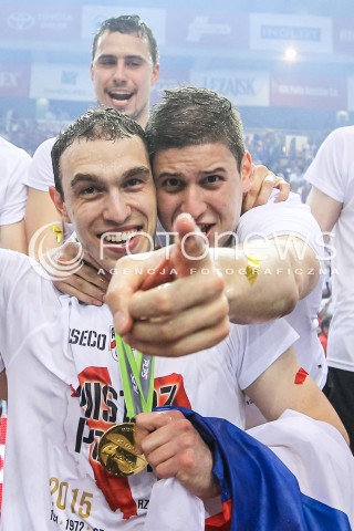  28.04.2015 RZESZOW<br />SIATKOWKA PLUSLIGA 2014/2015 MEN VOLLEYBALL POLAND POLISH PLUS LIGA LEAGUE SEASON 2014/2015 FINAL 3. MECZ<br />MECZ ASSECO RESOVIA - LOTOS TREFL GDANSK<br />N/Z NIKOLAY PENCZEV ( PENCHEV ) MARKO IVOVIC MISTRZ POLSKI 2015 ZWYCIEZCA PLUSLIGI RADOSC WYGRANA ZWYCIESTWO EMOCJE <br /> 