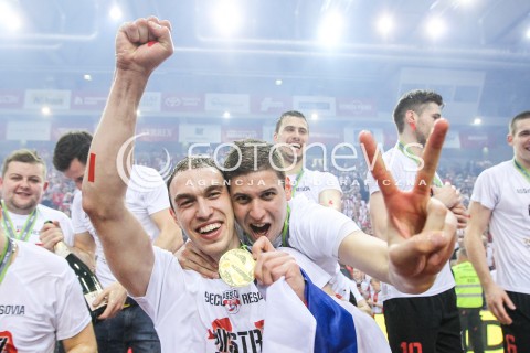  28.04.2015 RZESZOW<br />SIATKOWKA PLUSLIGA 2014/2015 MEN VOLLEYBALL POLAND POLISH PLUS LIGA LEAGUE SEASON 2014/2015 FINAL 3. MECZ<br />MECZ ASSECO RESOVIA - LOTOS TREFL GDANSK<br />N/Z NIKOLAY PENCZEV ( PENCHEV ) MARKO IVOVIC MISTRZ POLSKI 2015 ZWYCIEZCA PLUSLIGI RADOSC WYGRANA ZWYCIESTWO EMOCJE <br /> 