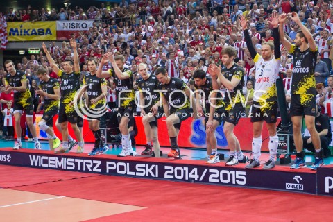  28.04.2015 RZESZOW<br />SIATKOWKA PLUSLIGA 2014/2015 MEN VOLLEYBALL POLAND POLISH PLUS LIGA LEAGUE SEASON 2014/2015 FINAL 3. MECZ<br />MECZ ASSECO RESOVIA - LOTOS TREFL GDANSK<br />DEKORACJA CEREMONIA FETA<br />N/Z WICEMISTRZ POLSKI 2014/2015 LOTOS TREFL GDANSK PODIUM RADOSC EMOCJE <br /> 