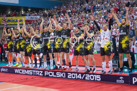  28.04.2015 RZESZOW<br />SIATKOWKA PLUSLIGA 2014/2015 MEN VOLLEYBALL POLAND POLISH PLUS LIGA LEAGUE SEASON 2014/2015 FINAL 3. MECZ<br />MECZ ASSECO RESOVIA - LOTOS TREFL GDANSK<br />DEKORACJA CEREMONIA FETA<br />N/Z WICEMISTRZ POLSKI 2014/2015 LOTOS TREFL GDANSK PODIUM RADOSC EMOCJE <br /> 