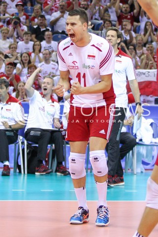  03.07.2015 KRAKOW <br />SIATKOWKA MEZCZYZN LIGA SWIATOWA 2015 <br />FIVB VOLLEYBALL WORLD LEAGUE 2015 <br />MECZ POLSKA - USA ( POLAND - UNITED STATES ) <br />N/Z FABIAN DRZYZGA RADOSC EMOCJE SYLWETKA <br /> 
