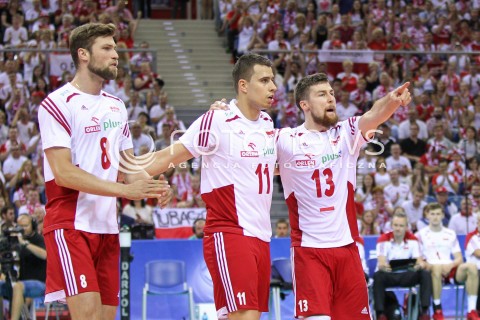  03.07.2015 KRAKOW <br />SIATKOWKA MEZCZYZN LIGA SWIATOWA 2015 <br />FIVB VOLLEYBALL WORLD LEAGUE 2015 <br />MECZ POLSKA - USA ( POLAND - UNITED STATES ) <br />N/Z MICHAL KUBIAK FABIAN DRZYZGA ANDRZEJ WRONA RADOSC EMOCJE <br /> 