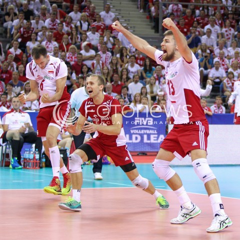  03.07.2015 KRAKOW <br />SIATKOWKA MEZCZYZN LIGA SWIATOWA 2015 <br />FIVB VOLLEYBALL WORLD LEAGUE 2015 <br />MECZ POLSKA - USA ( POLAND - UNITED STATES ) <br />N/Z MICHAL KUBIAK PAWEL ZATORSKI RADOSC EMOCJE <br /> 