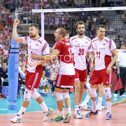  03.07.2015 KRAKOW <br />SIATKOWKA MEZCZYZN LIGA SWIATOWA 2015 <br />FIVB VOLLEYBALL WORLD LEAGUE 2015 <br />MECZ POLSKA - USA ( POLAND - UNITED STATES ) <br />N/Z MICHAL KUBIAK PAWEL ZATORSKI MATEUSZ MIKA FABIAN DRZYZGA RADOSC EMOCJE <br /> 