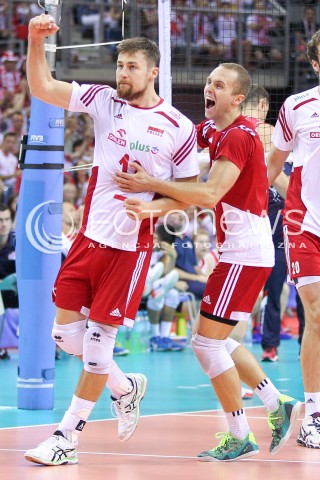  03.07.2015 KRAKOW <br />SIATKOWKA MEZCZYZN LIGA SWIATOWA 2015 <br />FIVB VOLLEYBALL WORLD LEAGUE 2015 <br />MECZ POLSKA - USA ( POLAND - UNITED STATES ) <br />N/Z MICHAL KUBIAK PAWEL ZATORSKI RADOSC EMOCJE SYLWETKA <br /> 
