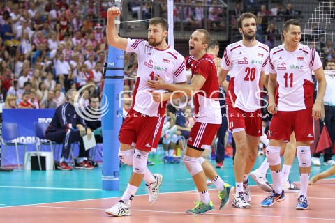  03.07.2015 KRAKOW <br />SIATKOWKA MEZCZYZN LIGA SWIATOWA 2015 <br />FIVB VOLLEYBALL WORLD LEAGUE 2015 <br />MECZ POLSKA - USA ( POLAND - UNITED STATES ) <br />N/Z MICHAL KUBIAK PAWEL ZATORSKI MATEUSZ MIKA FABIAN DRZYZGA RADOSC EMOCJE <br /> 