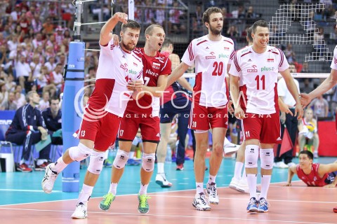  03.07.2015 KRAKOW <br />SIATKOWKA MEZCZYZN LIGA SWIATOWA 2015 <br />FIVB VOLLEYBALL WORLD LEAGUE 2015 <br />MECZ POLSKA - USA ( POLAND - UNITED STATES ) <br />N/Z MICHAL KUBIAK PAWEL ZATORSKI MATEUSZ MIKA FABIAN DRZYZGA RADOSC EMOCJE <br /> 