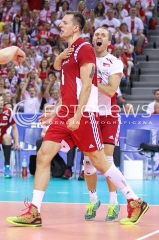  04.07.2015 KRAKOW <br />SIATKOWKA MEZCZYZN LIGA SWIATOWA 2015 <br />FIVB VOLLEYBALL WORLD LEAGUE 2015 <br />MECZ POLSKA - USA ( POLAND - UNITED STATES ) <br />N/Z BARTOSZ KUREK PAWEL ZATORSKI RADOSC EMOCJE <br /> 