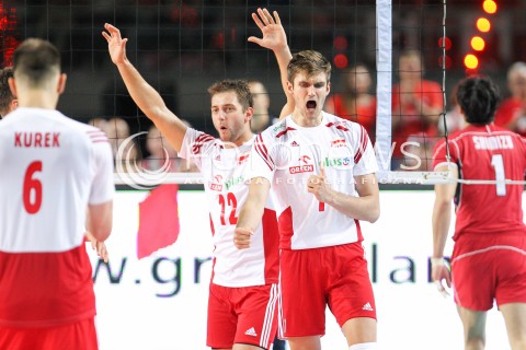  22.08.2015 TORUN ARENA<br />XIII MEMORIAL HUBERTA JERZEGO WAGNERA <br />MECZ POLSKA - JAPONIA ( MATCH POLAND - JAPAN ) <br />N/Z KAROL KLOS GRZEGORZ LOMACZ RADOSC EMOCJE SYLWETKA <br /> 