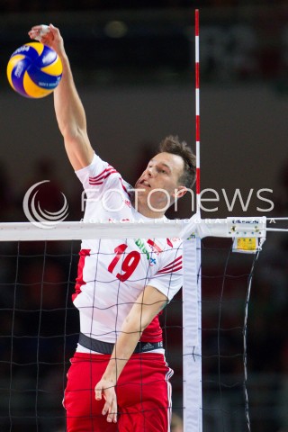  22.08.2015 TORUN ARENA<br />XIII MEMORIAL HUBERTA JERZEGO WAGNERA <br />MECZ POLSKA - JAPONIA ( MATCH POLAND - JAPAN ) <br />N/Z WOJCIECH WLODARCZYK SYLWETKA ATAK<br /> 