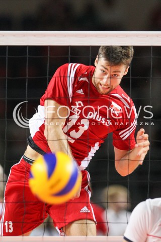  23.08.2015 TORUN ARENA<br />XIII MEMORIAL HUBERTA JERZEGO WAGNERA <br />MECZ POLSKA - IRAN ( MATCH POLAND - IRAN ) <br />N/Z MICHAL KUBIAK SYLWETKA ATAK<br /> 