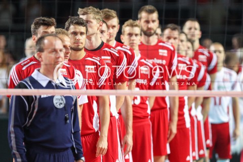  23.08.2015 TORUN ARENA<br />XIII MEMORIAL HUBERTA JERZEGO WAGNERA <br />MECZ POLSKA - IRAN ( MATCH POLAND - IRAN ) <br />N/Z REPREZENTACJA POLSKI PODCZAS HYMNU FABIAN DRZYZGA PIOTR NOWAKOWSKI ARTUR SZALPUK MARCIN MOZDZONEK <br /> 