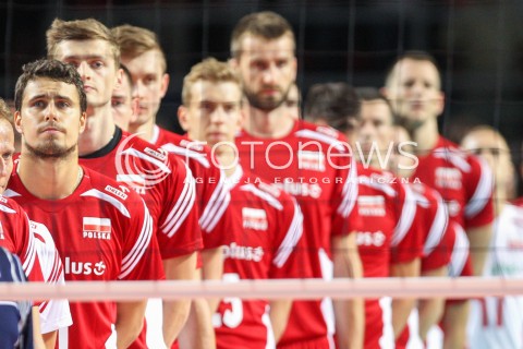  23.08.2015 TORUN ARENA<br />XIII MEMORIAL HUBERTA JERZEGO WAGNERA <br />MECZ POLSKA - IRAN ( MATCH POLAND - IRAN ) <br />N/Z REPREZENTACJA POLSKI PODCZAS HYMNU FABIAN DRZYZGA PIOTR NOWAKOWSKI ARTUR SZALPUK MARCIN MOZDZONEK <br /> 