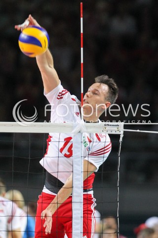  24.08.2015 TORUN ARENA<br />XIII MEMORIAL HUBERTA JERZEGO WAGNERA <br />MECZ POLSKA - FRANCJA ( MATCH POLAND - FRANCE ) <br />N/Z WOJCIECH WLODARCZYK SYLWETKA ATAK<br /> 