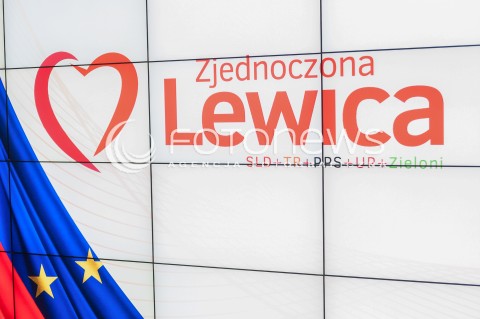  26.09.2015 WARSZAWA<br />KONFERENCJA PRASOWA LESZKA MILLERA I JANUSZA PALIKOTA<br />N/Z NAPIS LOGO ZJEDNOCZONA LEWICA<br /> 