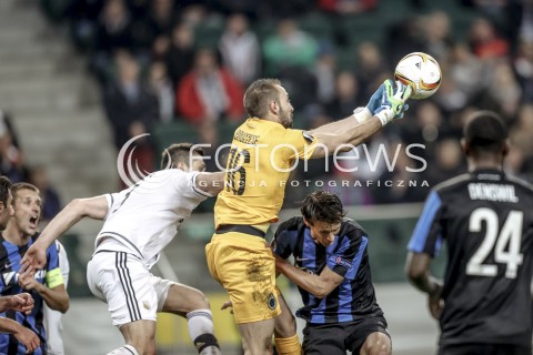  22.10.2015 WARSZAWA PILKA NOZNA <br />FOOTBALL POLISH LIGA EUROPY STADION LEGII <br />MECZ LEGIA WARSZAWA - CLUB BRUGGE<br />N/Z STRZAL NA BRAMKE CLUB BRUGGE SEBASTIEN BRUZZESE<br /> 