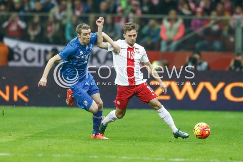  13.11.2015 WARSZAWA PILKA NOZNA <br />FRIENDLY FOOTBALL MATCH<br />POLISH NATIONAL TEAM<br />MECZ TOWARZYSKI<br />MECZ POLSKA - ISLANDIA<br />N/Z MACIEJ RYBUS BIRKIR MAR SAEVARSSON<br /> 